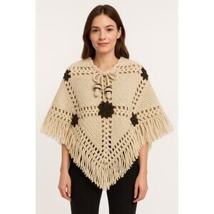 Vintage 1970s Handmade Crochet Poncho with Mushroom Tassel Ties & Fringe S-M